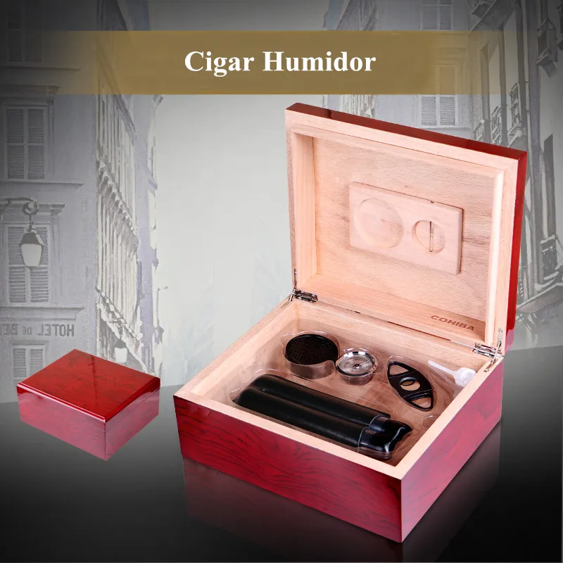 Factory price High quality Wooden Wine Red Cigar Humidor with Hygrometer and Humidifier Five