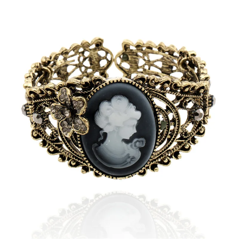 

Trendy Retro Lady Embossed Head Hollow Rhinestone Flower Bracelet Jewelry Alloy Gold Color Beauty Bnagle For Women Drop Shipping