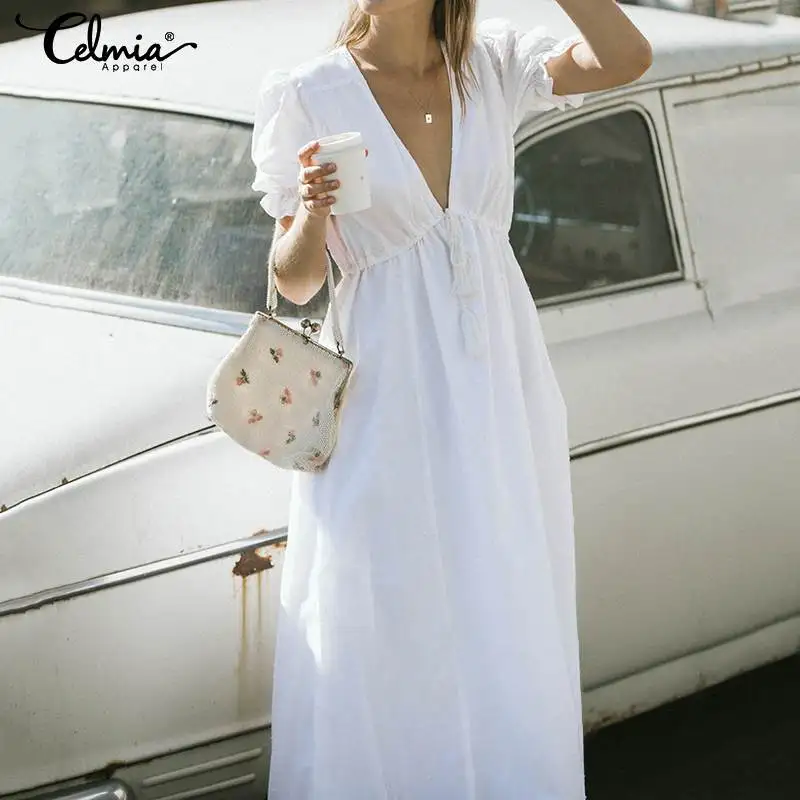 

Celmia Women Sexy White Shirt Dress 2019 Summer Dresses Casual V-neck Drawstring Loose Party Maxi Long Vestidos Robe Plus Size