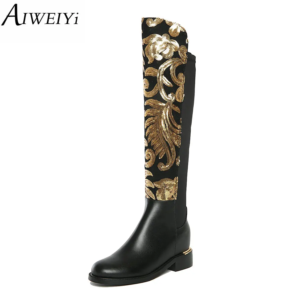 

AIWEIYi Womens Genuine Leather Knee High Boots 2017 Winter Round Toe Gold Sequined Knee High Boots High Heels Shoes Woman
