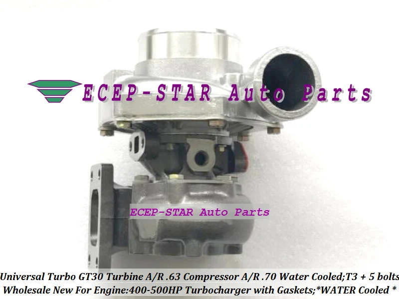 Universal Turbo Turbocharger GT30 Turbine AR .63 Compressor AR .70 T3 Water cooled outlet 5 bolts 400HP-500HP Gaskets (4)