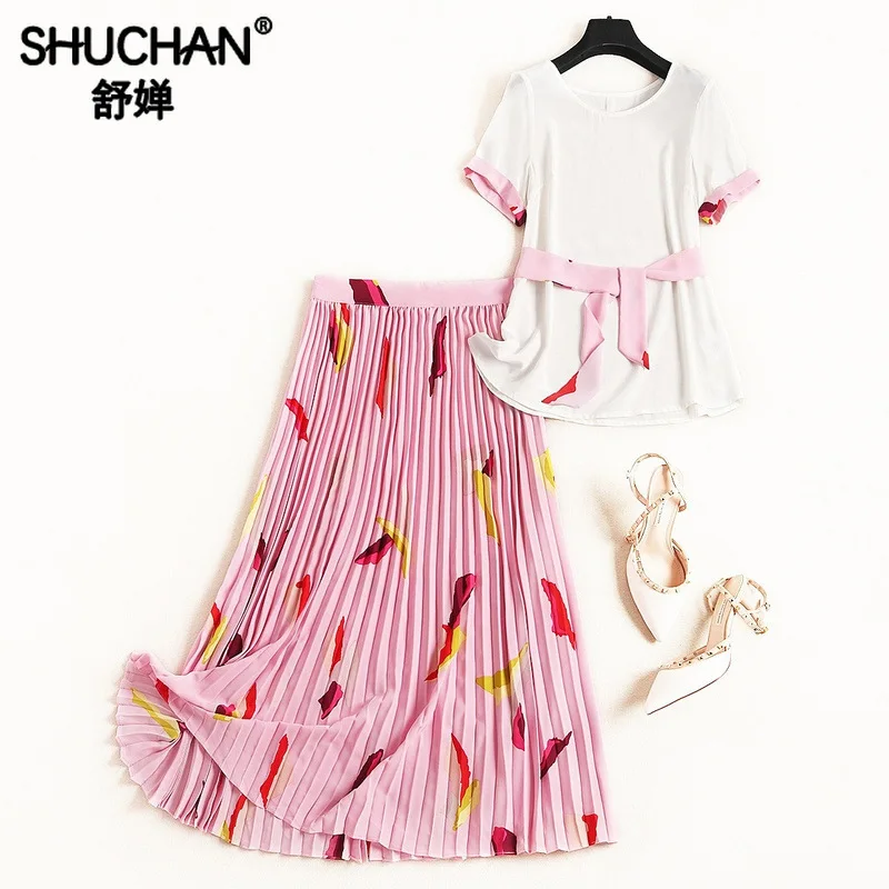 

Shuchan 2 Piece Set Women Casual Top with Sashes + Pleated Print Skirts Conjuntos De Mujer Matching Sets Leisure Suits 11668