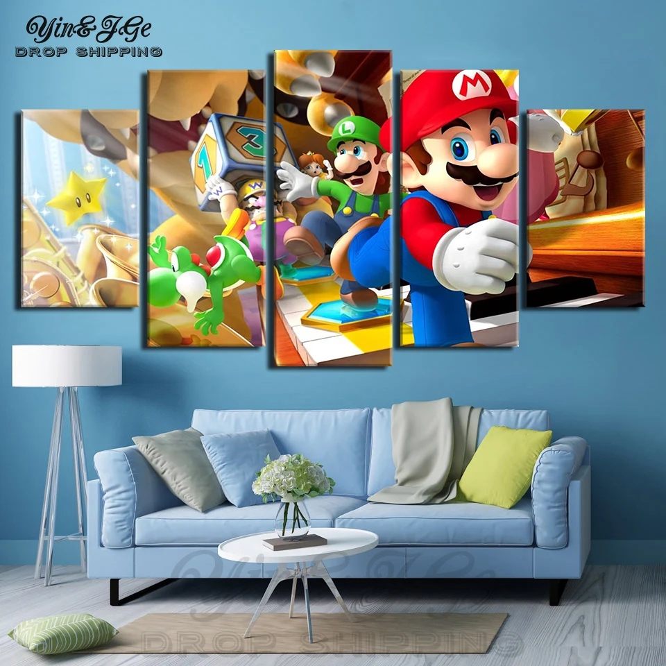 

Decoration Wall Art Framework HD Prints Modern 5 Pieces Mario Picture Living Room Cartoon Anime Poster Modular Canvas Painting