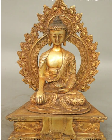 

$old craft$ 10" Tibet Bornze Gilt Buddhism Dragon Phoenix Robe Shakyamuni Buddha Bowl Statue