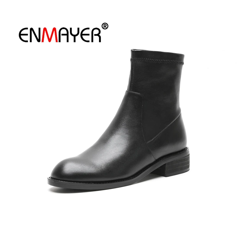 

ENMAYER Women Ankle boots Round Toe Med heel Short boots Real Leather Autumn Winter boots Thick heels Slip on Black Shoes CR1620