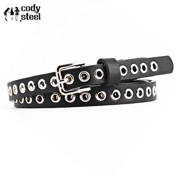 

Cody Steel Belt Fashion Female Punk Chain Belt Adjustable Black Double/Single Eyelet Grommet Leather Woman Buckle Belt