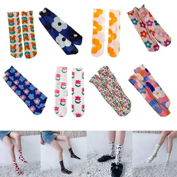 

Korean Fashion Long Crew Socks Women Girls Sweet Candy Colorful Floral Print Translucent Mesh Summer Thin Cute Art Tube Hosiery