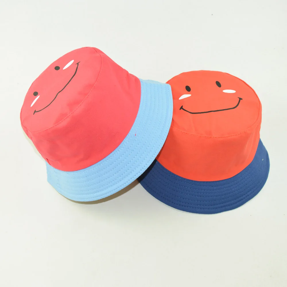 New Arrival Children Spring Autumn Cartoon Smiley Double Sides Boys Girls Cotton Reversible Bucket Hat
