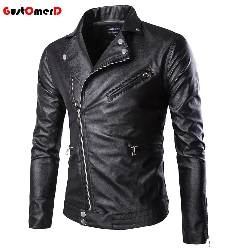 GustOmerD 2016 High Quality Motorcycle Oblique Zipper Leather Jacket Men Slim Fit Mens Leather Jacket Asian
