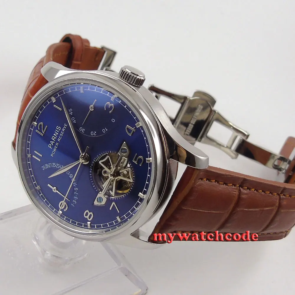 43mm parnis blue dial brown strap power reserve ST automatic mens watch 547 43mm parnis blue dial brown strap power reserve ST automatic mens watch 547