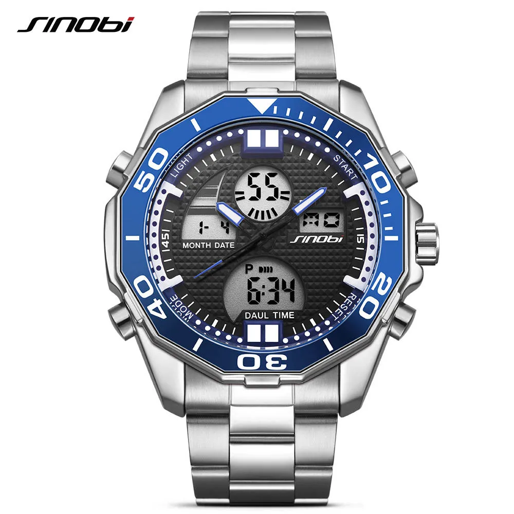 

SINOBI 2017 Chronograph LED Watches Clock Men Luxury Brand Stainless Steel Strap Man's Quartz Wristwatch with Seconds Display