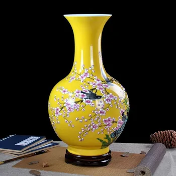 

Artistic Porcelain Ceramic Traditional Chinese Elegant Tabletop Vase with Handpainted Birds Painting Ancient Style HXFYS