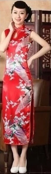 1 шт./партия,, традиционное китайское платье, винтажное китайское женское атласное длинное платье Ципао с цветочным принтом, костюм Танга - Цвет: red