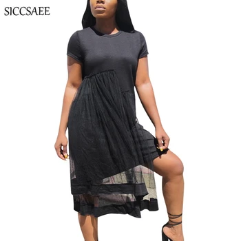 

2018 Summer Style Short Sleeve Maxi Tshirt Dress Mini Solid Crewneck Casual Mesh See Through Perspective Draped Patchwork Black