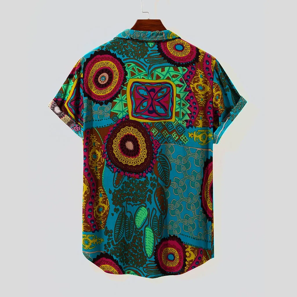 Hot sale New Summer Men Shirts Vintage Ethnic Printed Turn Down Collar Short Sleeve Loose Casual Tops camisas hombre