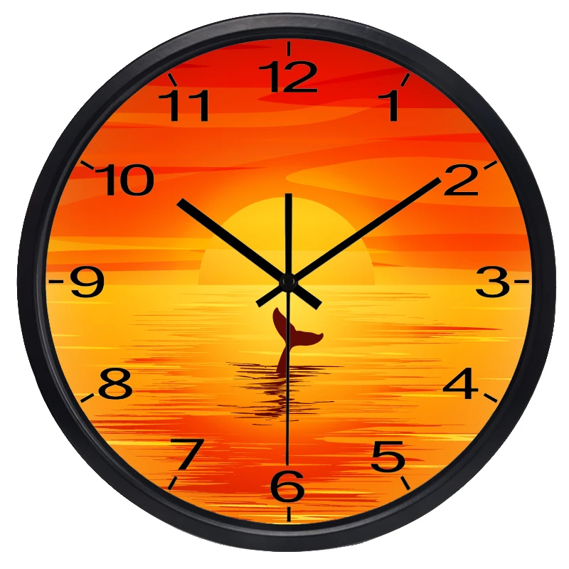 

Creative The Whale Tail In the Sunset Design Wall Clock Glass Metal Clock for Living Room Office