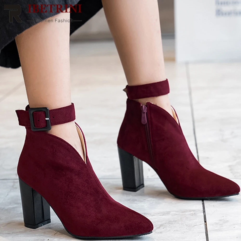 

RIBETRINI New Plus Size 32-46 Ankle Strap Pointed Toe Ladies High Heels Women Shoes Woman Casual Party Autumn Spring Ankle Boots