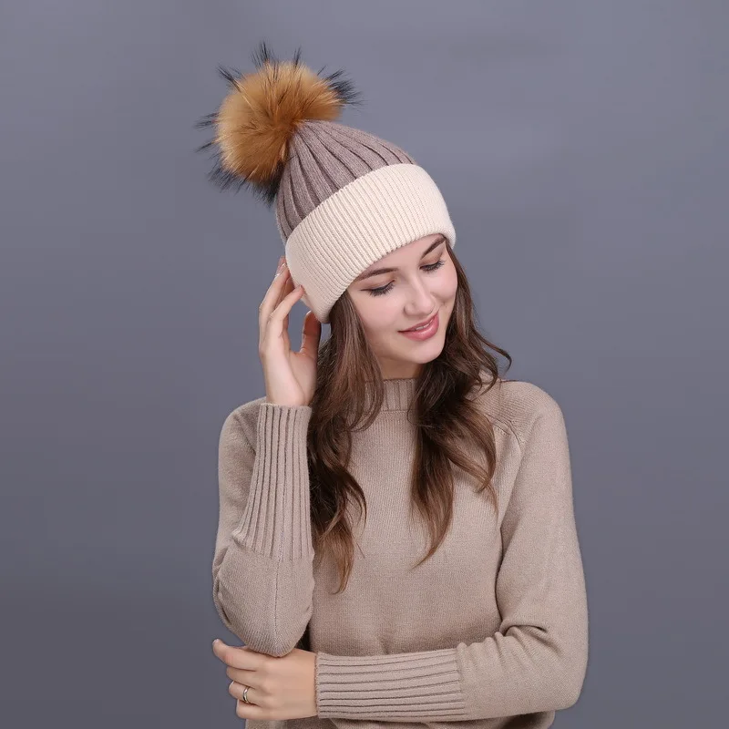 

Big Fur Pom Poms Winter Hats For Women Knitted Beanies Cap Brand Real Fox Fur Pom Ball Hat Cap Girl 's Hat Thicken Female Cap