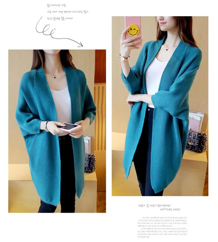 Long Sweater Coat Women's Autumn Fashion Bat Cardigan Knitted Jacket Casual Korean style Loose chaqueta de punto Cape Shirt f973