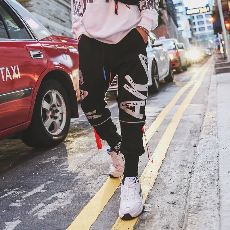 Black Hip Hop Pants Splice Pants Men Draw String Elastic Waist Hip Hop