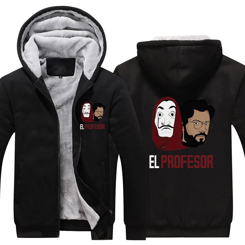 La casa de papel Thicken Hoodie Coat Money Heist Warm Hoodie Dali Mask La casa de papel Fleece Winter Hoodie - Цвет: Black4