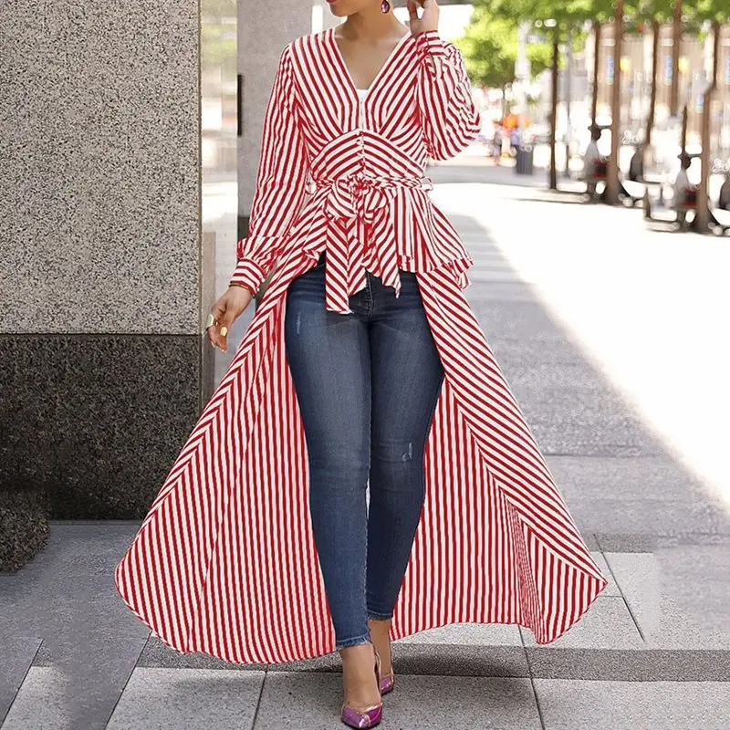 

Summer Office Ladies Plus Size Blue African Fashion Women Long Blouses Casual Slim Stripe Black Girls Female Tops 2019 Shirts