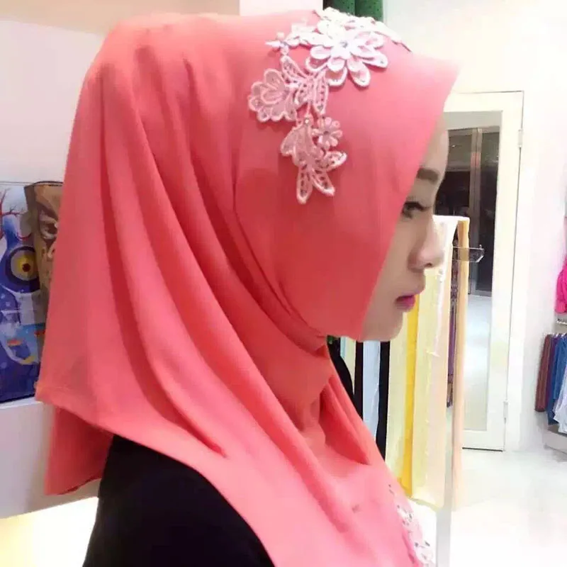 

OL Fashion Muslim Hijab for Women Shinny Crystal Flower Lace Embroidery Muslim Hijab Pashmina Wrap Hijab Muslim Headband