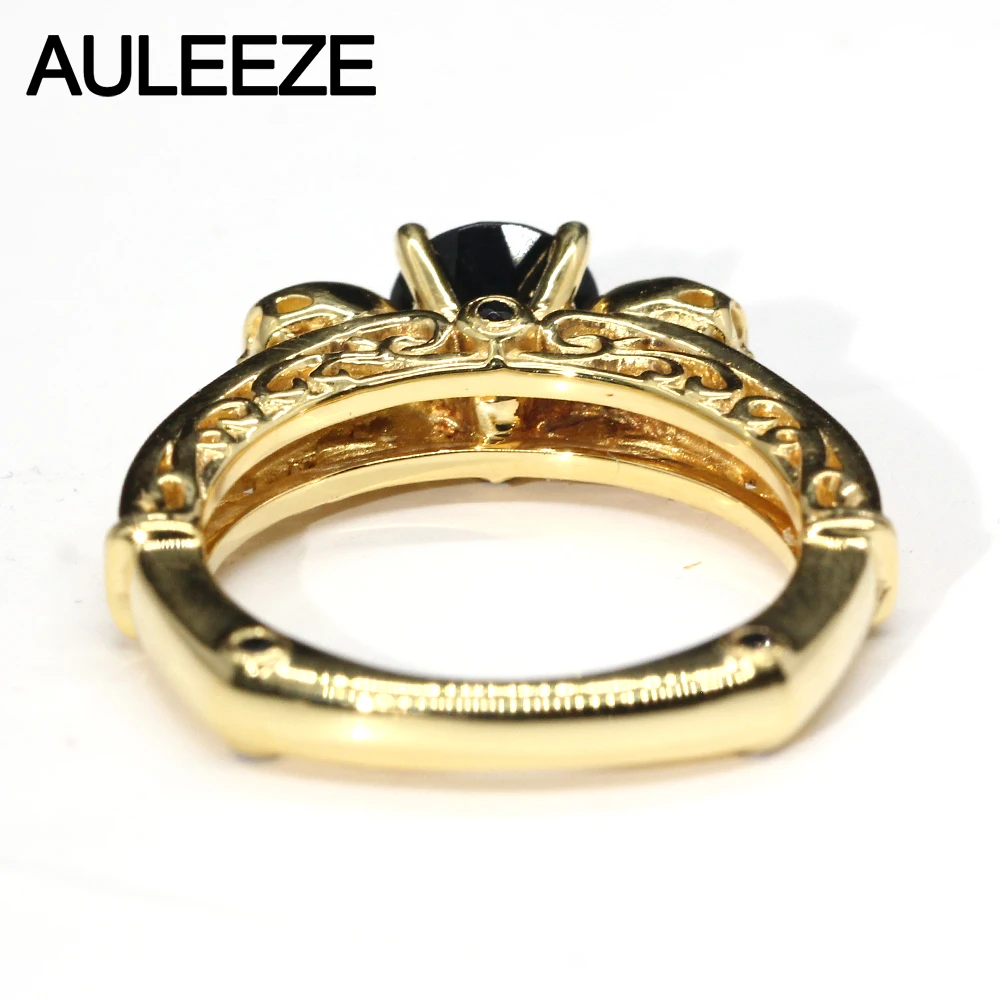 Halloween Double Skull Natural Black Agate Engagement Ring Solid 10K Yellow Gold Real Gemstone Ring Vintage Filigree Onxy Ring