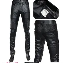 Мужские Стрейчевые кожаные брюки для мотоцикла мужские тонкие кожаные брюки для ног черные трендовые кожаные брюки для певцов в ночном клубе