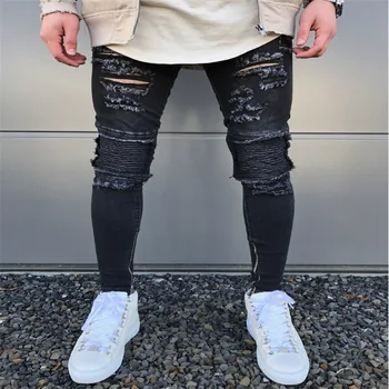 

HOT 2020 Fashion Casual hip hop Distressed Ripped hole leg Zipper High street blockbuster men jeans fold knee hole Denim pants