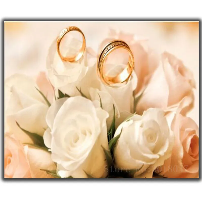 

5D Diy Diamond Painting Cross Stitch White Rose & Wedding Ring Needlework Diamond Embroidery Full Round Mosaic Decoration Resin