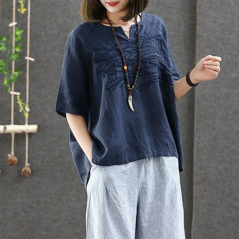 F& je, летняя стильная женская футболка размера плюс, дизайнерская винтажная хлопковая льняная футболка с вышивкой и кисточками, женские свободные топы с v-образным вырезом, большие H15 - Цвет: dark blue
