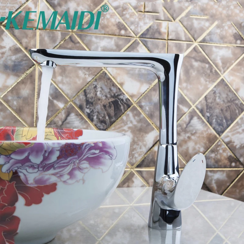 

KEMAIDI Chrome Polished Deck Mounted Kitchen Faucet Single Holder Singler Hole Swivel Spout Kitchen Sink Water Mixer Tap