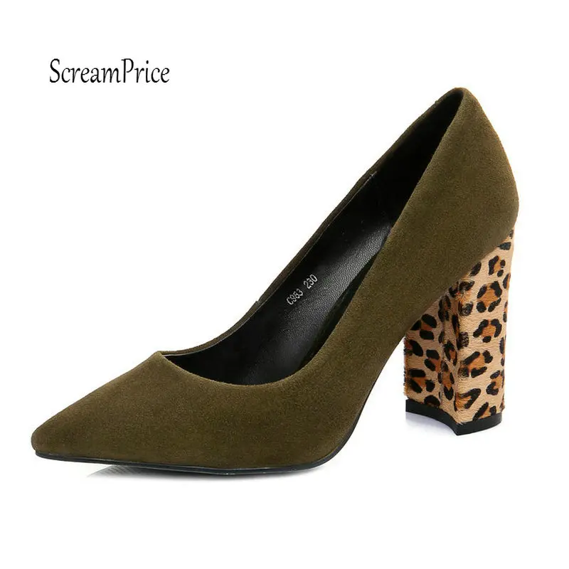

Fashion Leopard Chunky Higg Heel Pumps Genuine Leather Party Dress Shoes Woman