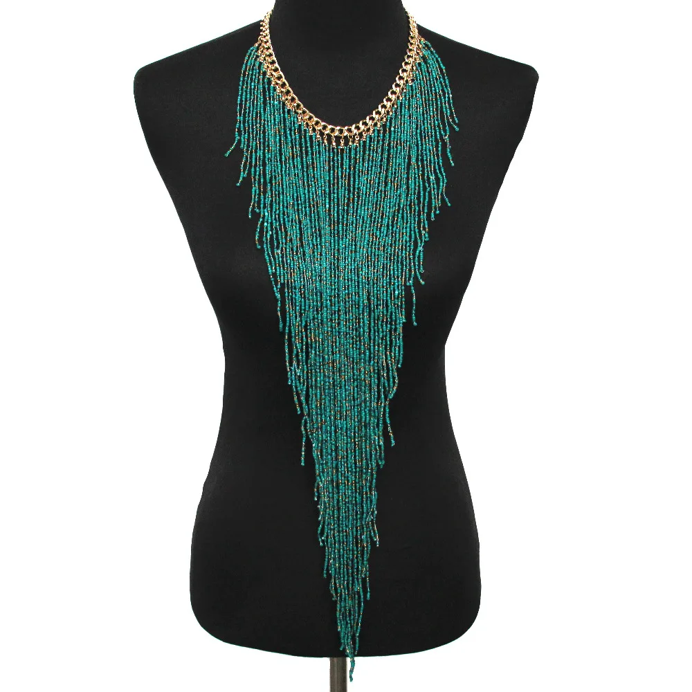 

Bohemian Resin Bead Handmade Long Tassel Necklace Women Fashion Charm Jewelry Statement Link Chain Choker Necklace UKMOC