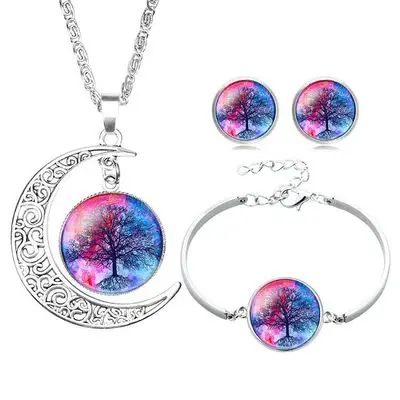 

4 Pieces Vintage Tree of Life Moon Pendant Long Necklace Punk Glass Multilayer Sets Silver Sweater Chain