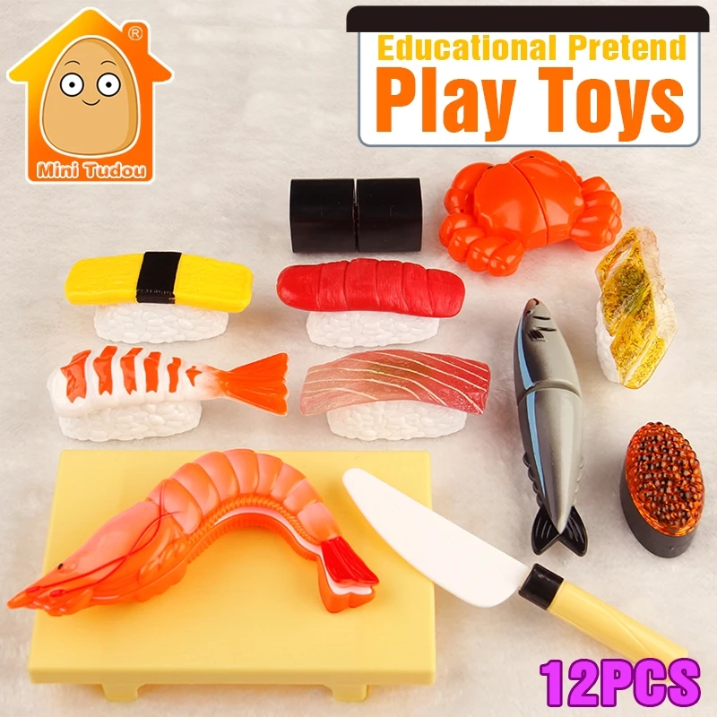 

MiniTudou 12pcs Pretend Play Kitchen Toys Tableware Sets Children Safety Plastic Food Seafood Sushi Cutting Toys For Girls Kids