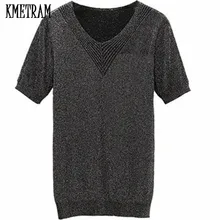 KMETRAM трикотажная летняя футболка Женская Повседневная футболка с короткими рукавами эластичный Топ с круглым вырезом Женская футболка плюс размер 2XL HH851