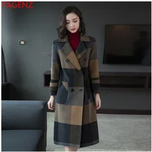 Высокое качество, длинное пальто для женщин, осенне-зимняя одежда, новое двухстороннее кашемировое пальто с длинным рукавом, клетчатое шерстяное пальто для женщин 1889