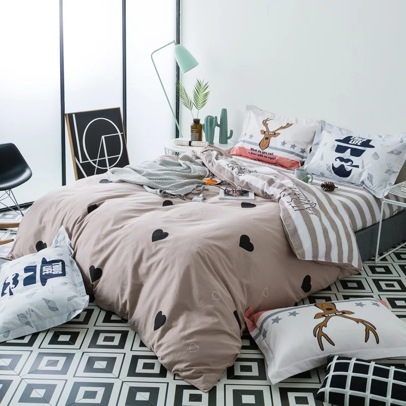

Svetanya Cotton Bedlinen Stripe Heart Print Bedding Set Double Single Bed Sheet Pillowcase and Duvet Cover