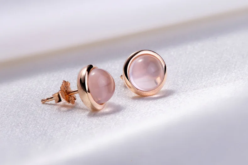 Классический стиль, розовый круглый кварц, карамельный цвет, розовое золото, женские серьги-гвоздики, женские модели, ювелирные изделия для ушей