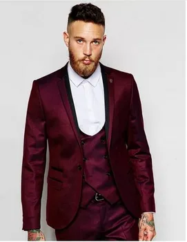 

3 Pieces Fashion Wine Mens Suit (Jacket+Pants+vest+tie) Wedding Suits for Men Single Breasted Groom Tuxedos Business Formal Suit