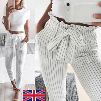 

Formal Women High Waist Elastic Harem Full Length Pants Casual OL Lady Solid Sashes Striped Pencil Trouser
