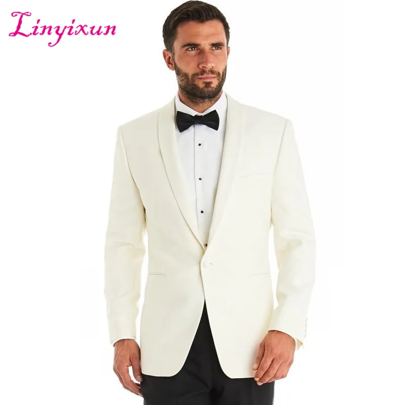 Linyixun 2017 Cream coat with black pants men suit costume homme Custom