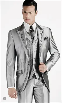 Skup Najnowsze Wzory Płaszcz Pant Srebrny Szary Wzór Haftu Satynowe Włoski Mężczyźni Garnitur Slim Fit 3 Sztuka Tuxedo Niestandardowe Garnitury Z Masculino