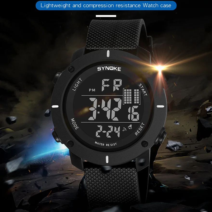 SYNOKE Sports Watch Men Digital Watches Waterproof Fashion Electronic Wristwatches Date Rubber Clock Black Military Watch