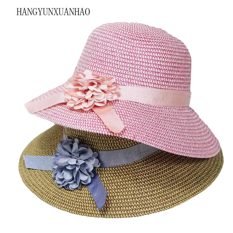 

2019 Summer New Floppy Straw Hats For Women Flower Accessories ladies Summer Beach Sun Caps Panama Style Bucket Hat