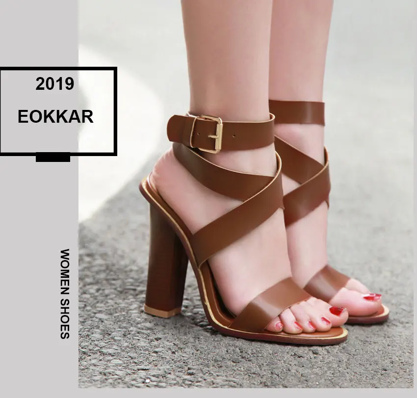 Eokkar/ г. коричневые туфли-лодочки на толстом высоком каблуке 12 см с ремешком на пятке праздничная одежда из искусственной кожи с открытым носком модельные туфли на каблуке, большие размеры 34-43