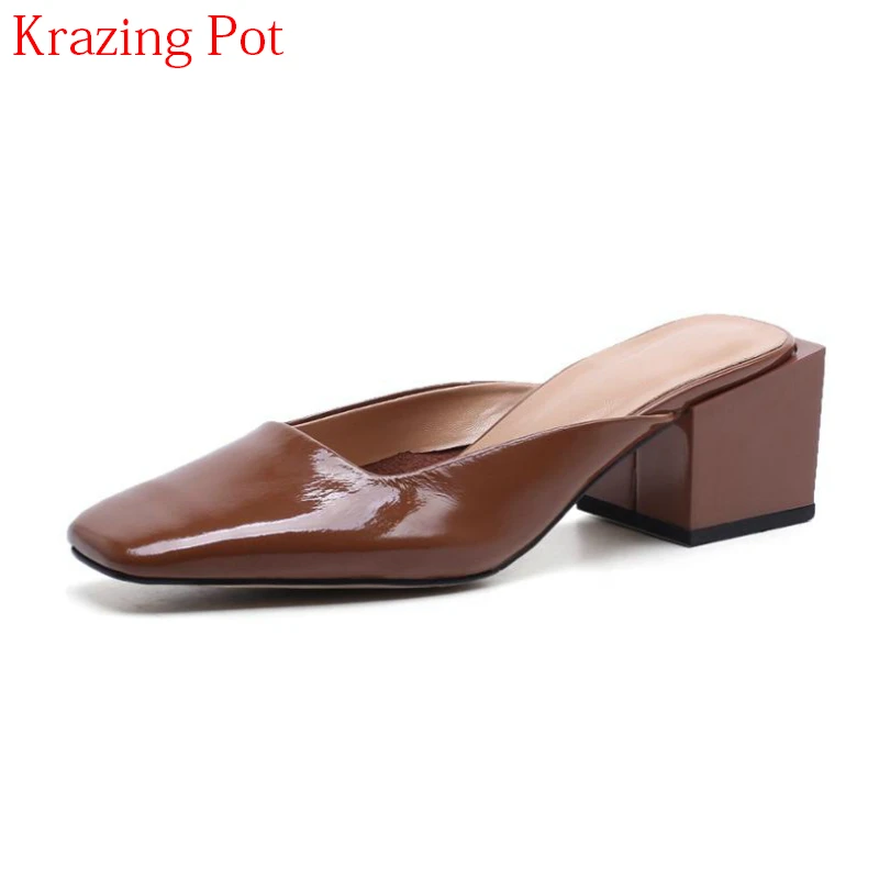 

2018 Hot Sale Full Grain Leather Mules Shoes Fashion Brand Slingback Women Pumps Retro Square Toe High Heels Summer Shoes L55