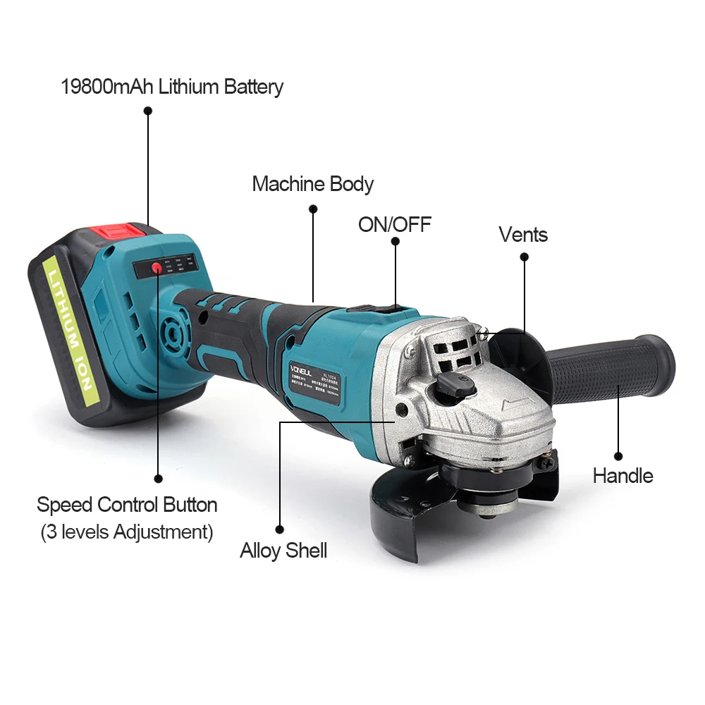 19800ma электрическая угловая шлифовальная машина 100 мм перезаряжаемая литиевая батарея инструмент для отжима/обновление 11,5 дюймов бензопила режущая полировальная машина
